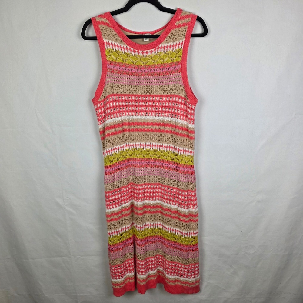 Cato Women 14/16W Crochet Knit Striped Sleeveless Sheath Dress Coral Multi Lined